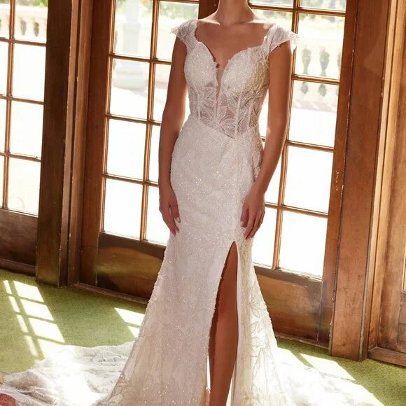 slim fit dress slacks MERYANN Fitted gown with cap sleeves in delicate lace – Reflections Bridal  Studio main image 1